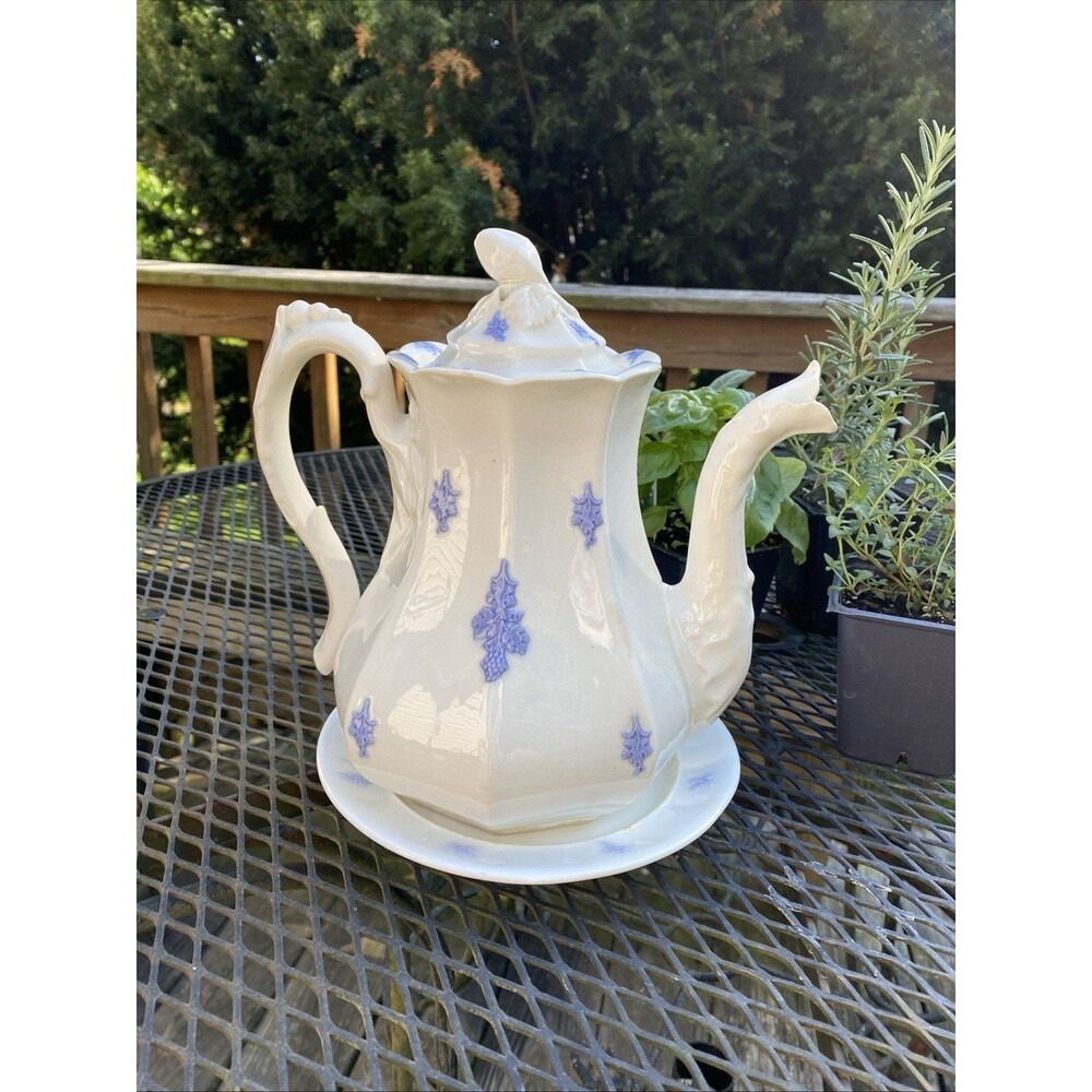Rare ATQ S B & Son 19th C. Ironstone White Teapot & Underplate CHELSEA Blue Gran